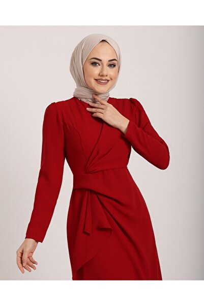 Modamorfo Asymmetrical Crepe Dress with Allerli Skirt on the Front - Burgundy