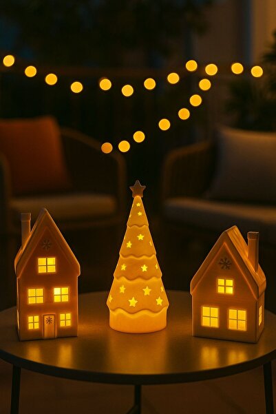 Printorium Kar Taneli 3’lü Kış Evleri Seti – 2 Noel Evi + 1 Çam Ağacı – Dekoratif Ev – (Tea Light Hediyeli)