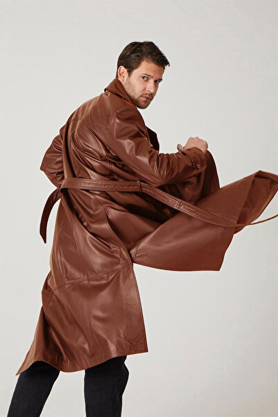 Deriderim Taba Matrix Genuine Leather Double-Breasted Button Closure Slit Lined Belted Trench Coat Men's Coat