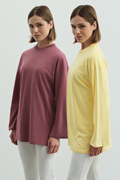 C&City Μπλουζάκι με μεγάλο μανίκι Oversize 2 Pack 964 Yellow/Dried Rose