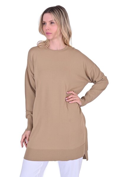 Invee Oversize Color Detailed Knitwear Tunic Camel