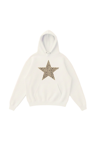 WHITE OF CREATIVE Kadın Leopar Desenli Yıldız Baskılı Hoodie