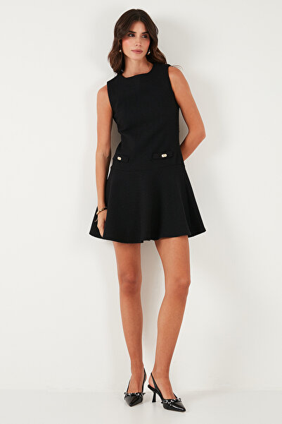 Lela Cotton Regular Fit Crew Neck Button Detail A-Line Mini Evening Dress Dress 6525687