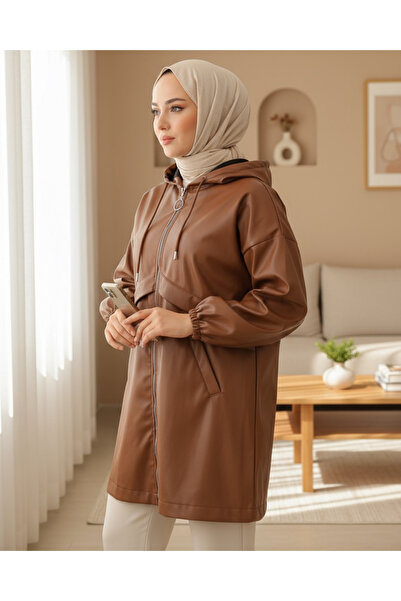 Modamorfo Hooded Leather Cap with Pocket - Tan