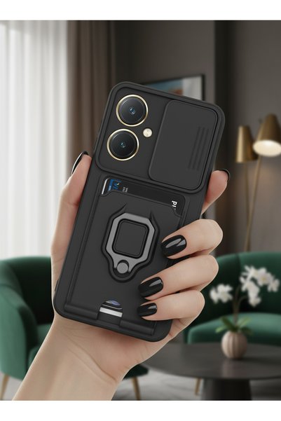 TechTrove Vivo Y27 Kılıf Kamera Koruma Sürgülü Kartvizitli Kartlıklı Standlı ...