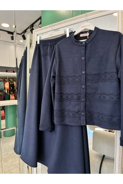 MRM MERAM BUTİK Shoulder Pad Tex Suede Skirt Suit Laser Cut - Dark Blue - 38