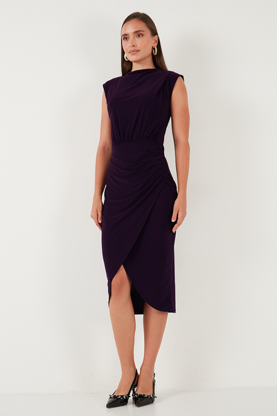 Lela Drape and Slit Detailed Crew Neck Sleeveless Midi Length Evening Dress Dress 611El694