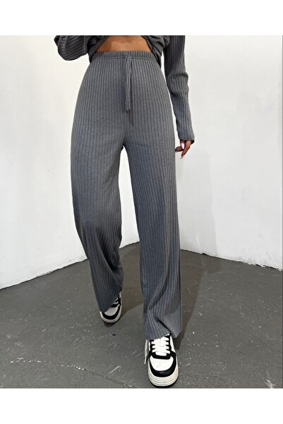 Modamorfo Shabby Corded Fabric Trousers with Lace Detail - Gray