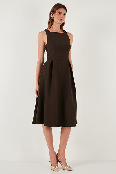 Lela Regular Fit Crew Neck Pleated Midi Length Evening Dress with Pockets Dress 6111963