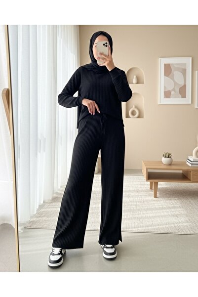 Modamorfo Bağcık Detaylı Salaş Fitilli Pantolon - Siyah