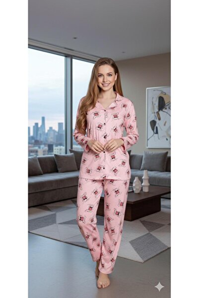 Sude HOMEWEAR KADIN GÖMLEK DESENLİ UZUN KOL PİJAMA TAKIMI