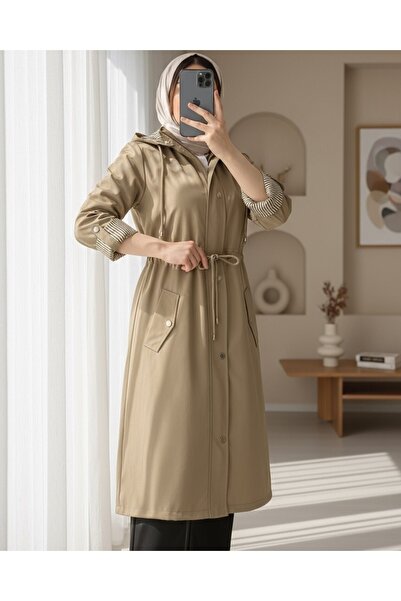 Modamorfo Lined Striped Trench Coat - Light Mink