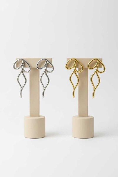 invictus design Kadın 2'li Gümüş Ve Gold Renk Uzun Fiyonk Küpe Set