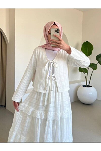 Modamorfo Tie Front Scalloped Skirt Suit -White