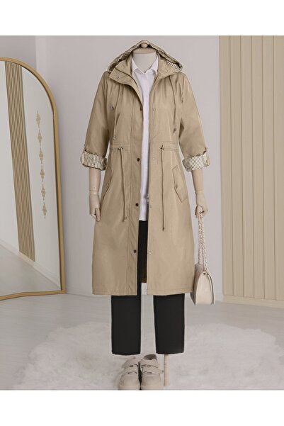 Modamorfo Lined Striped Trench Coat - Light Mink