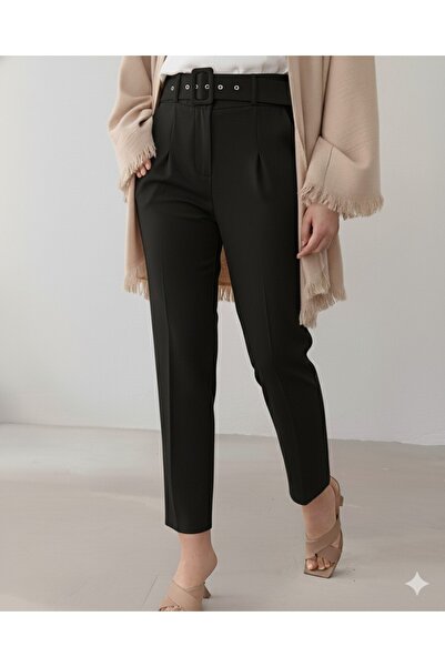 Modamorfo Thick Belted Fabric Trousers -Black