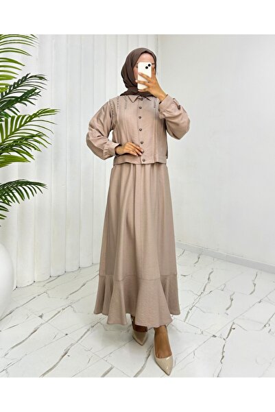 Modamorfo Jacket Skirt Linen Suit with Stones on the Shoulder Buttons -Mink