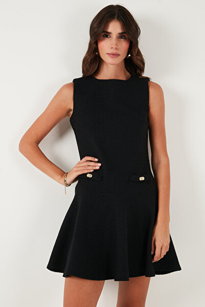 Lela Cotton Regular Fit Crew Neck Button Detail A-Line Mini Evening Dress Dress 6525687