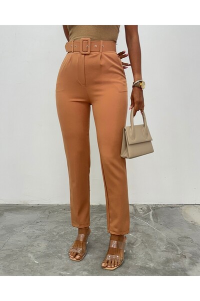 Modamorfo Thick Belted Fabric Trousers -Cinnamon