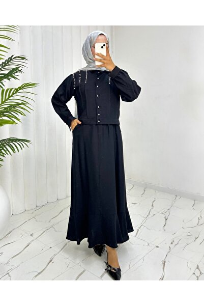 Modamorfo Shoulder Stoned Buttoned Jacket Skirt Linen Suit - Black