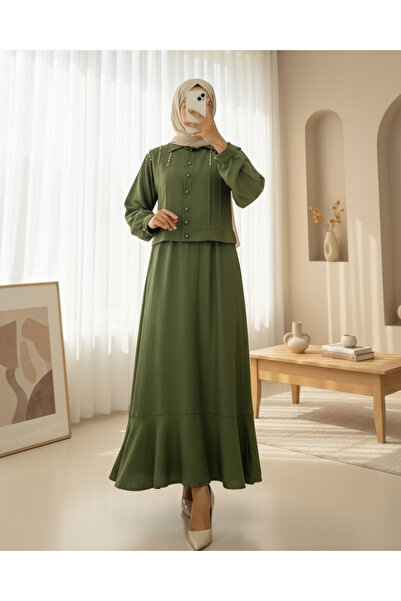 Modamorfo Μπουφάν με κουμπιά στον ώμο Φούστα Λινό Σετ - Χακί