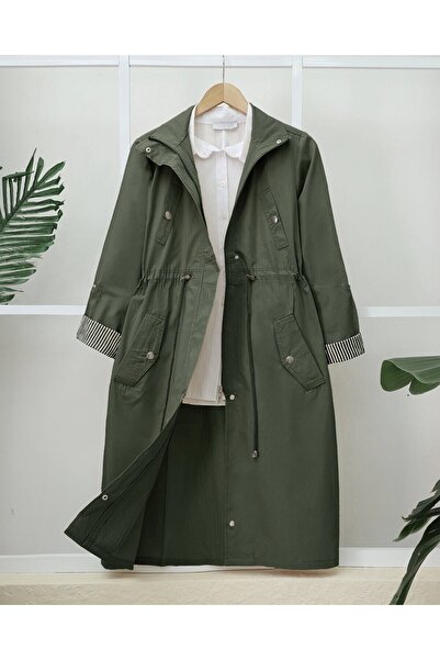 Modamorfo Tunnel Lace-Up Top Pocket Detailed Unlined Washable Organic Cotton Trench Coat - Khaki
