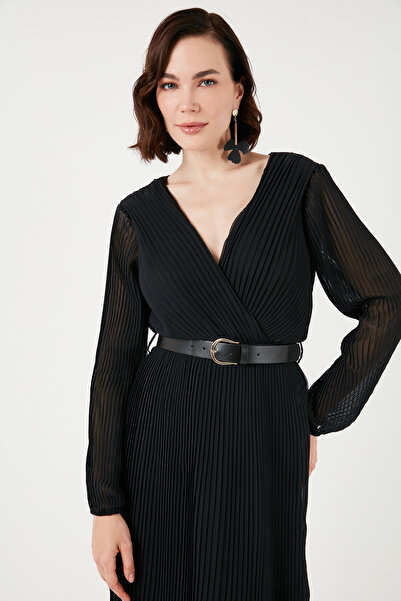 Lela Double-Breasted Neckline Long Sleeve Chiffon Evening Dress with Pleated Belt Dress 611El00471