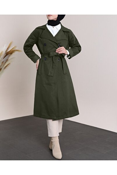 Modamorfo Buttoned Belted Trench Coat with Folded Sleeves -Khaki