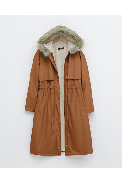 Modamorfo Plush Inside Fixed Hooded Tunnel Lace up Long Coat -Mustard