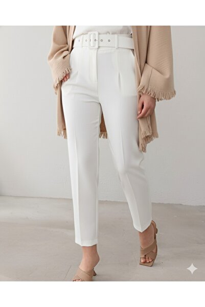 Modamorfo Thick Belted Fabric Trousers -Ecru