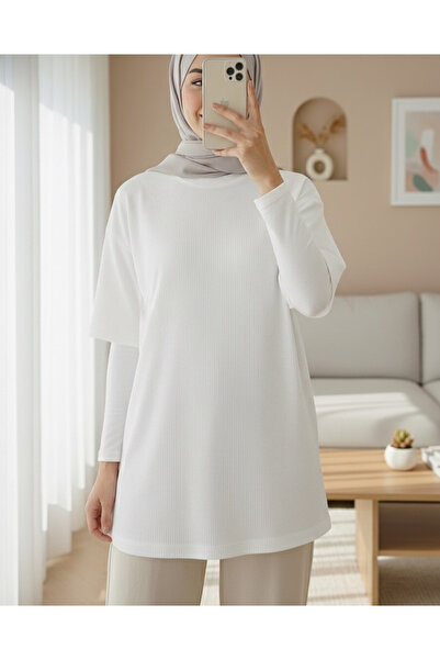 Modamorfo Crew Neck Ribbed Slit T-Shirt -White
