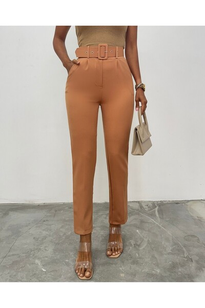 Modamorfo Thick Belted Fabric Trousers -Cinnamon