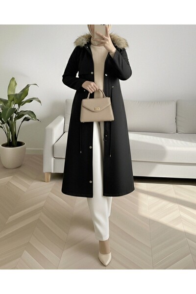 Modamorfo Plush Inside Fixed Hooded Tunnel Lace up Long Coat -Black