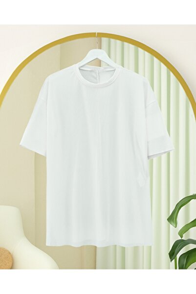 Modamorfo Crew Neck Ribbed Slit T-Shirt -White