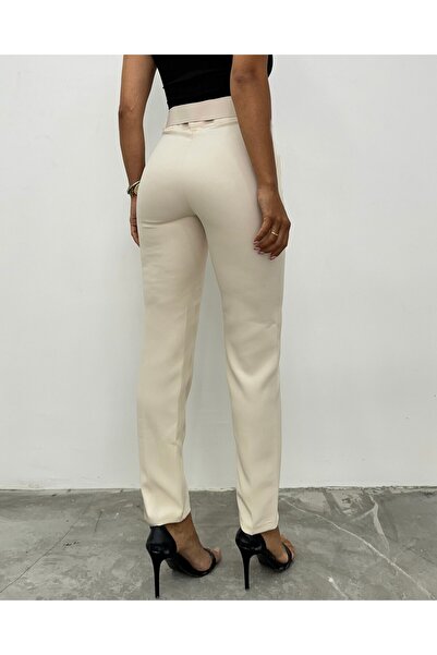 Modamorfo Thick Belted Fabric Trousers - Beige
