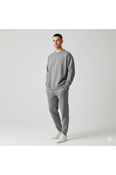 dwnwear Smoke Gray Three Thread Compact Crew Neck Cotton Premium O Oversized Tracksuit Set