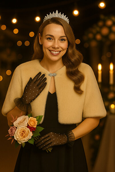 Elegance Scarf Broşlu Premium Kürk Etol Gelin Bolero Gelinlik Bolero Gelin Şalı Gelin Kürkü Abiye Şal Bej