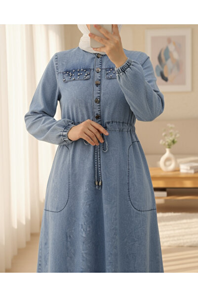 Modamorfo Τζιν φόρεμα Ice Blue Stone με λεπτομέρεια τσέπης με κορδόνια