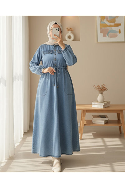 Modamorfo Τζιν φόρεμα Ice Blue Stone με λεπτομέρεια τσέπης με κορδόνια