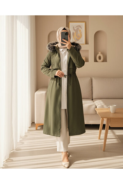 Modamorfo Metal Star Detailed Hooded Long Coat - Khaki