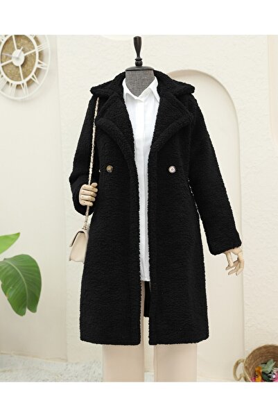 Modamorfo Double button lined side pocket plush coat -black