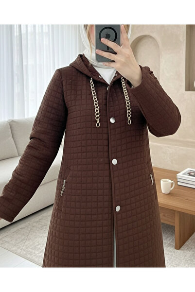Modamorfo Long Quilted Coat with Chain Detail on the Collar - K. Brown
