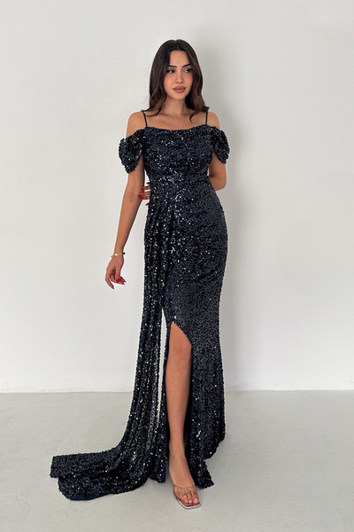 zeynep zehra Pul Payet Kumaş Degaje Yaka Abiye Elbise 41066 Lacivert