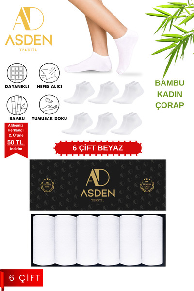ASDEN Ciorapi de damă din bambus, cutie premium albă, pachet de 6, lavabili, vârf fără cusături