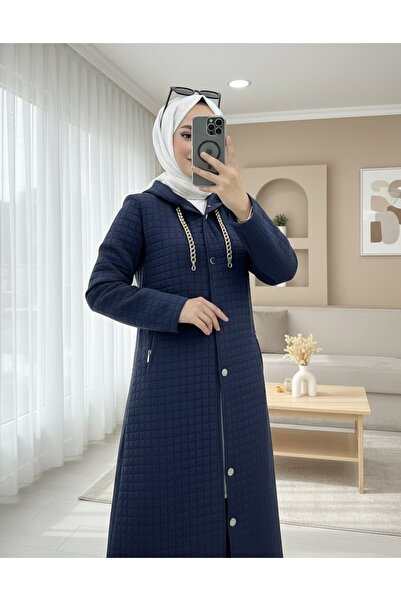 Modamorfo Long Quilted Coat with Chain Detail on the Collar - Navy