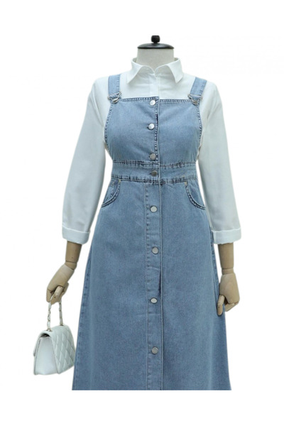 Modamorfo Skirt with Tassel Detail, Buttoned Front, Pocketed Denim Salopet - Ice Blue