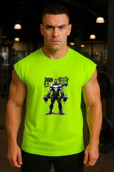 BESSA Green Oversize Men's Sports T-shirt - Crew Neck, Cotton, Sleeveless