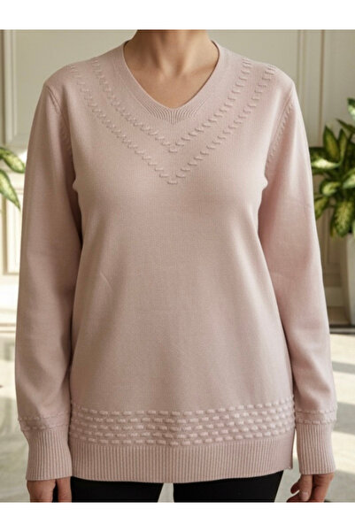 TEK Πλεκτό με λαιμόκοψη V Πλεκτό Πουλόβερ Mother Μπλούζα με σχέδιο / Πούδρα Ροζ