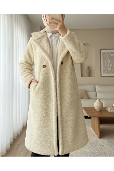 Modamorfo Double button lined side pocket plush coat - light mink