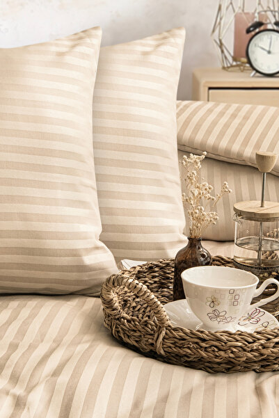 True Home Collection Διπλό Ριγέ Σατέν Σετ παπλωματοθήκης Μπεζ | Άνετο Ύφασμα